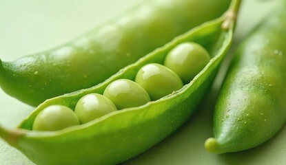 A close up of fresh green peas in a pod, showcasing their natural texture and vibrant color in detail