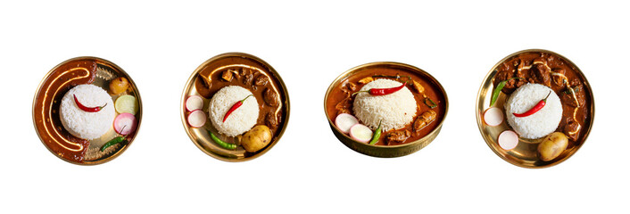 Isolated Indian Thali with Dark Brown Meat Curry and Vegetables – Top View PNG
