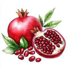 Watercolor Pomegranate with Green Leaves and Seeds