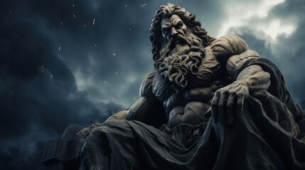 Majestic stone sculpture of zeus ancient greece art installation dramatic stormy background captivating perspective mythology and power theme