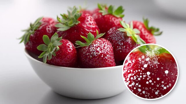 Fresh strawberries in a bowl on a white background, with a highlighted zoom showing pesticide residue and harmful microbes on the fruit surface, concept of unwashed produce contamination