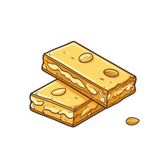 Two stacked golden nougat bars with peanuts, a sweet confection in a cartoon style illustration.