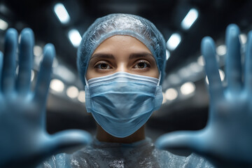Lab technician in medical gloves demonstrates sample collection in clinical setting with stainless workspace, bright lighting, clear focus