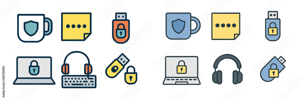 Poster digital security icons representing data protection and privacy in a modern workspace setting