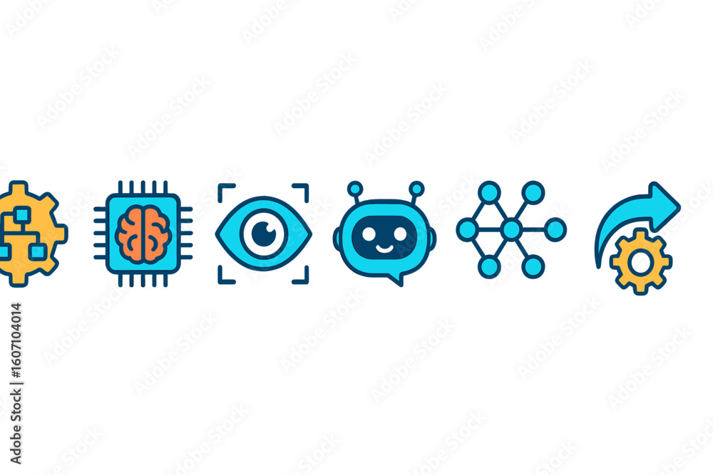 Poster visual representation of artificial intelligence concepts featuring symbols of data processing, neur