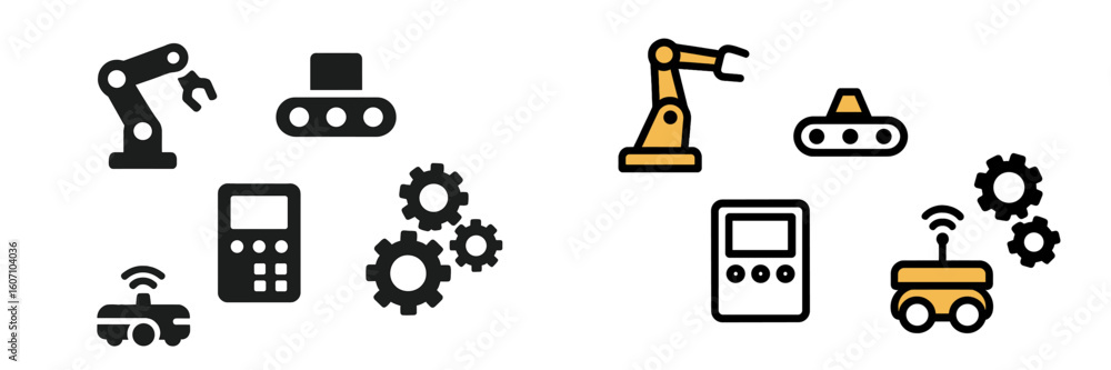 Poster various robotic icons depicting machinery and automation technology in a modern industrial setting
