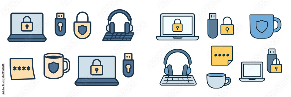 Poster icons representing cybersecurity tools and practices for online safety and data protection with vari