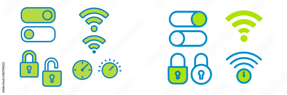 Poster icon set showcasing various user interface elements related to connectivity, security, and settings