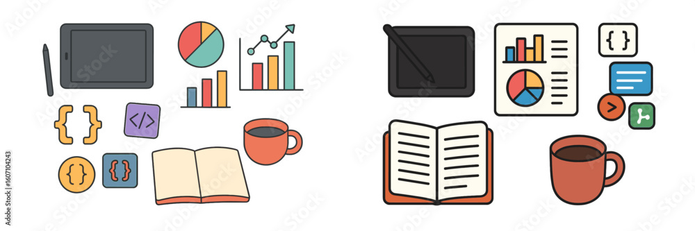 Poster tools and elements for digital learning and analysis on a workspace table with coffee