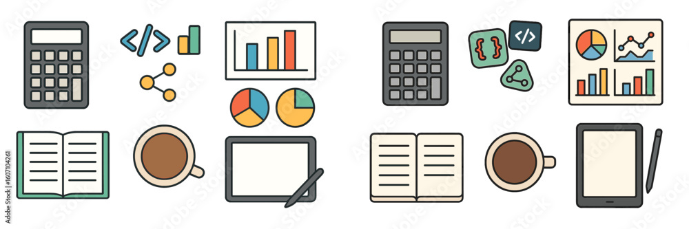 Poster colorful illustrations of study tools and data analysis elements on a workspace table in a modern of