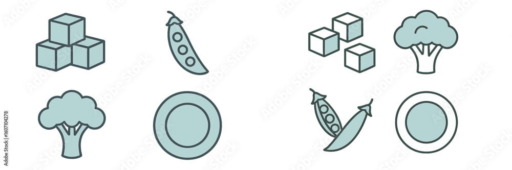 Poster colorful icons representing various vegetables and food items in a minimalistic style