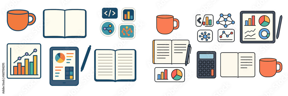 Poster various elements of data analysis and productivity tools arranged in an organized manner on a flat s