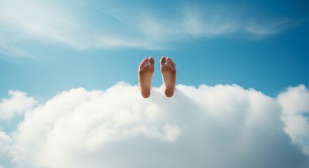 Feet hanging off the edge of a floating cloud, Feeling light and free, Whimsical Expression
