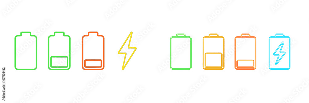 Poster battery icons representing various charge levels and a lightning bolt symbol showing charging status