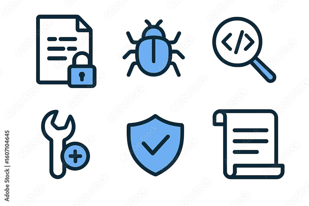 Poster visual representation of cybersecurity concepts with icons depicting secure documents, debugging, an
