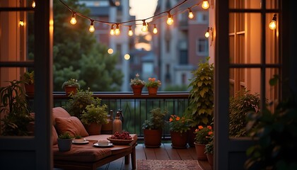 Fototapeta premium Cozy Balcony with Lights and Plants at Dusk Relaxing Outdoor Scene