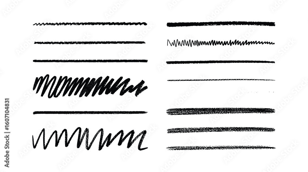 Poster set of hand-drawn black lines with various textures, ideal for underlines, dividers, and emphasizing