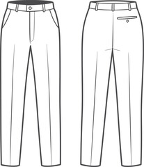 Men’s formal straight pants flat sketch with side pockets and back welt – cad drawing flat vector illustration