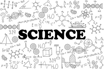 Illustration with the word SCIENCE on a background of hand-drawn formulas, molecules, geometric shapes, books, and other school and scientific symbols. School-themed background.