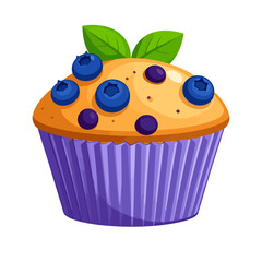 Delicious cartoon blueberry muffin with fresh berries and mint leaves in a purple liner.