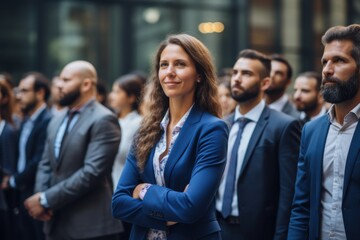 Fototapeta premium Business leaders engaging in professional development conference hall group setting corporate environment focused perspective