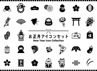 モノクロお正月アイコンセット｜シンプルでおしゃれな和風イラスト素材