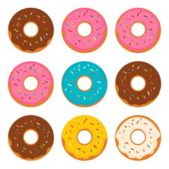 Fototapeta premium Colorful collection of nine illustrated donuts with various frostings and rainbow sprinkles.