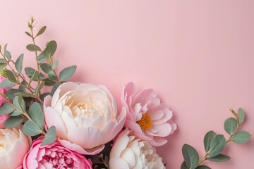 Styled stock photo. Decorative still life floral composition. Wedding or birthday bouquet of pink and white peony flowers and eucalyptus branches in pink cinematic style with copy space