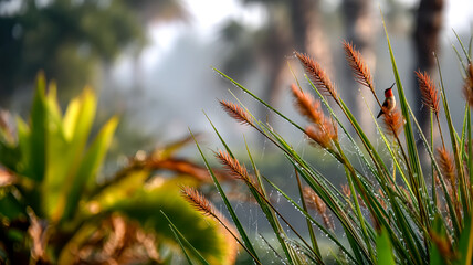 Hummingbird resting on a blade of grass covered with dew drops, set against a dreamy, misty backdrop of nature.