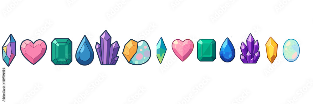 Poster colorful collection of various gems and crystals arranged in a line with unique shapes and colors di