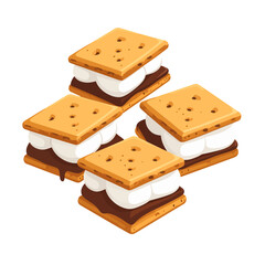 Four classic s'mores with melted chocolate and fluffy marshmallows, shown in an isometric illustration.