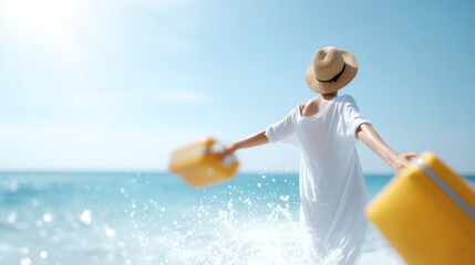 A joyful woman running towards the ocean waves. She wears a stylish hat and carries bright yellow suitcases. This image captures the essence of vacation bliss and freedom. AI