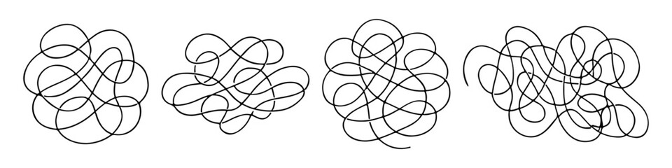Set of abstract tangled line elements in freeform shapes. Hand-drawn swirl and loop compositions for modern and chaotic design. Artistic scribble and dynamic motion concept