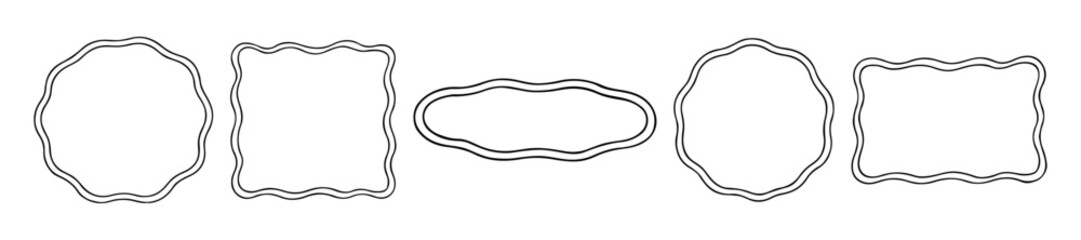 Set of wavy outline frames in various shapes including round, rectangular, and oval. Simple decorative borders for creative minimalist design. Retro and playful concept