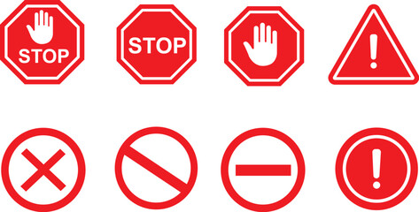 Red Warning and Prohibition Sign Icon Set – Stop, Alert, Denied, No Entry Symbols Vector