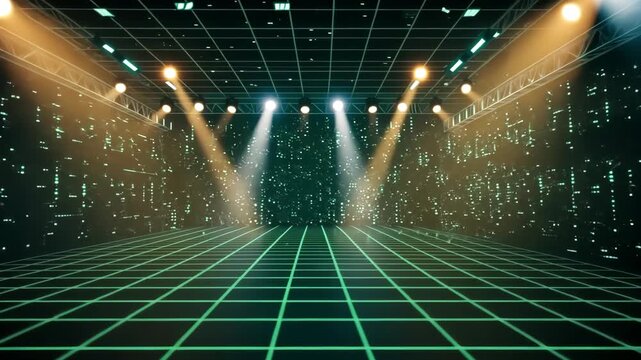 Colorful stage lights illuminate a city fountain at night, creating a dance of light and water for a public rock concert