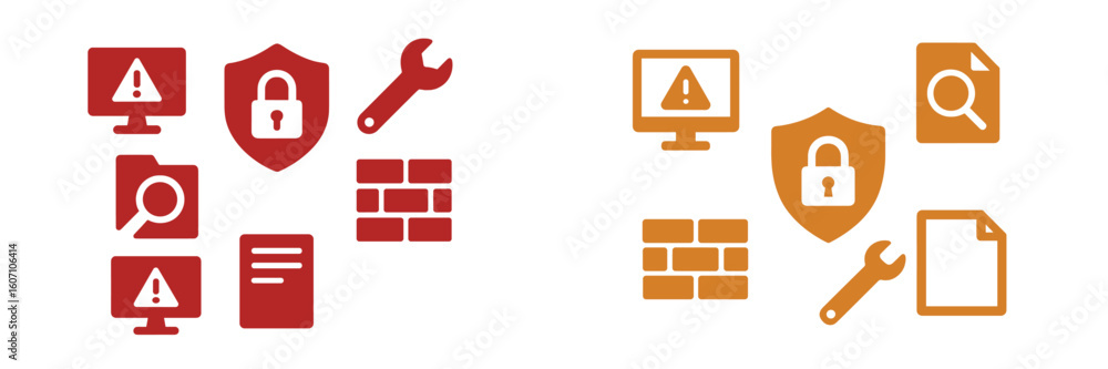 Poster digital security icons illustrating various concepts of data protection and system safeguarding in a