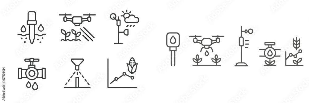 Aufkleber icon set representing modern agricultural techniques using drones and irrigation systems for efficie