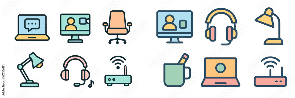 Aufkleber digital workspace icons representing online communication tools and remote work essentials for moder