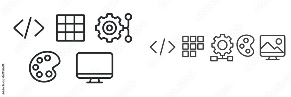 Poster digital design elements showcasing coding, graphic design tools, and data visualization in a modern 