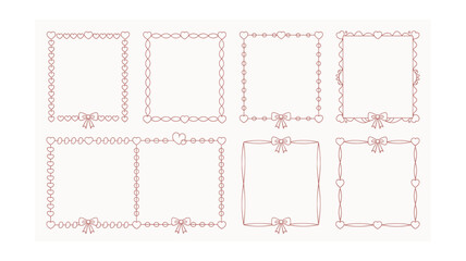 Romantic Heart Frames Set: Decorative Borders with Bows for Valentine's Day, Weddings, and Invitations in Delicate Line Art Style, Customizable for Creative Projects