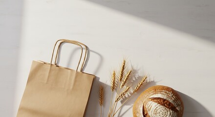 Rustic Brown Paper Bag with Fresh Baked Goods and Wheat on White Table