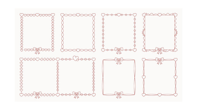 Romantic Heart Frames Set: Decorative Borders with Bows for Valentine's Day, Weddings, and Invitations in Delicate Line Art Style, Customizable for Creative Projects