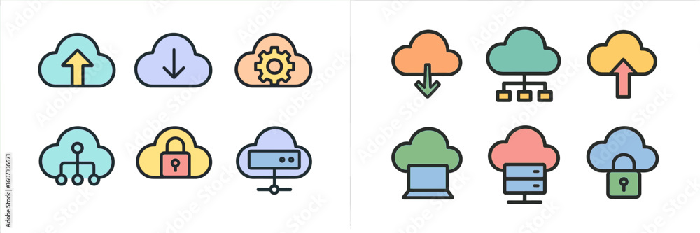 Poster cloud computing icons displaying upload, download, and security features for digital services