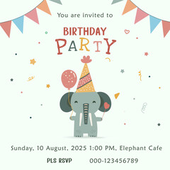 happy birthday card with birthday elephant. vector 