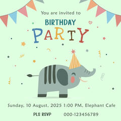 Birthday party invitation with elephant. vector 