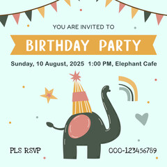 happy birthday card with funny elephant. vector