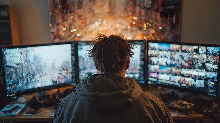 Obraz premium Man editing video on triple monitor setup.