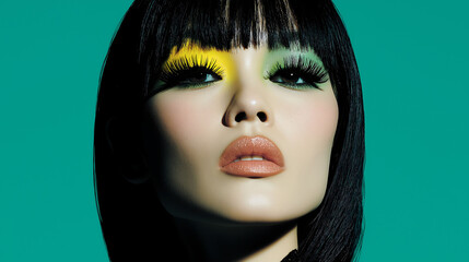 Close-up of Asian model with dramatic lighting, pastel makeup, long lashes, matte lips, futuristic hair, white background