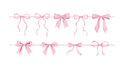 Elegant Set of Pink Bows on Ribbon, Cute Gift Package Decoration and Festive Design Element, Celebration Decor, Vector Illustration